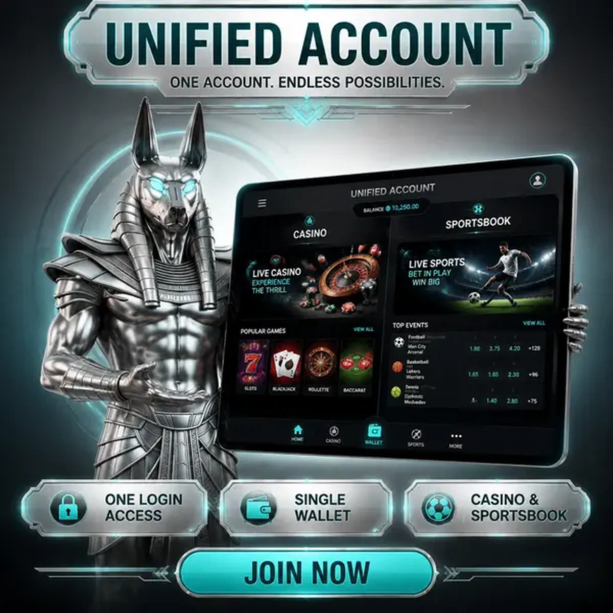 Guardiano dalla testa di sciacallo che presenta tablet di login unificato al portale Winaura Casino