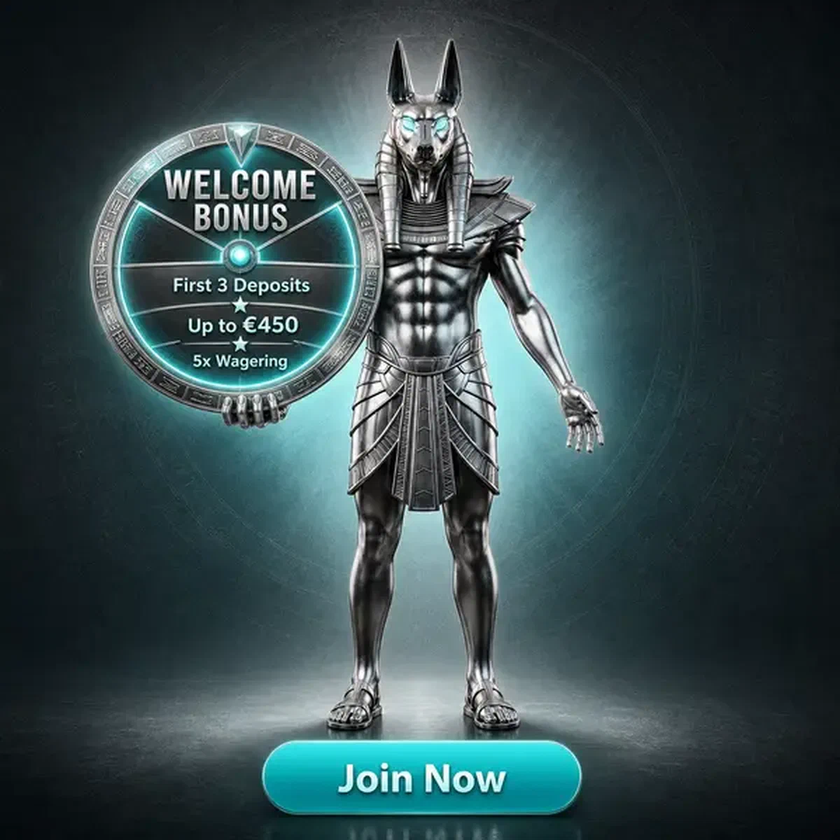 Benvenuto scommesse esport su Winaura con guardiano sciacallo che tiene ruota premio luminosa