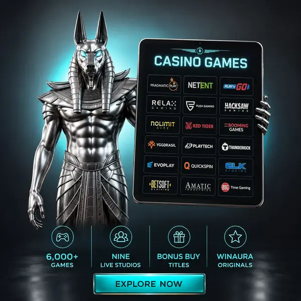 Guardiano sciacallo che presenta vasta collezione di giochi da casino su display tablet Winaura